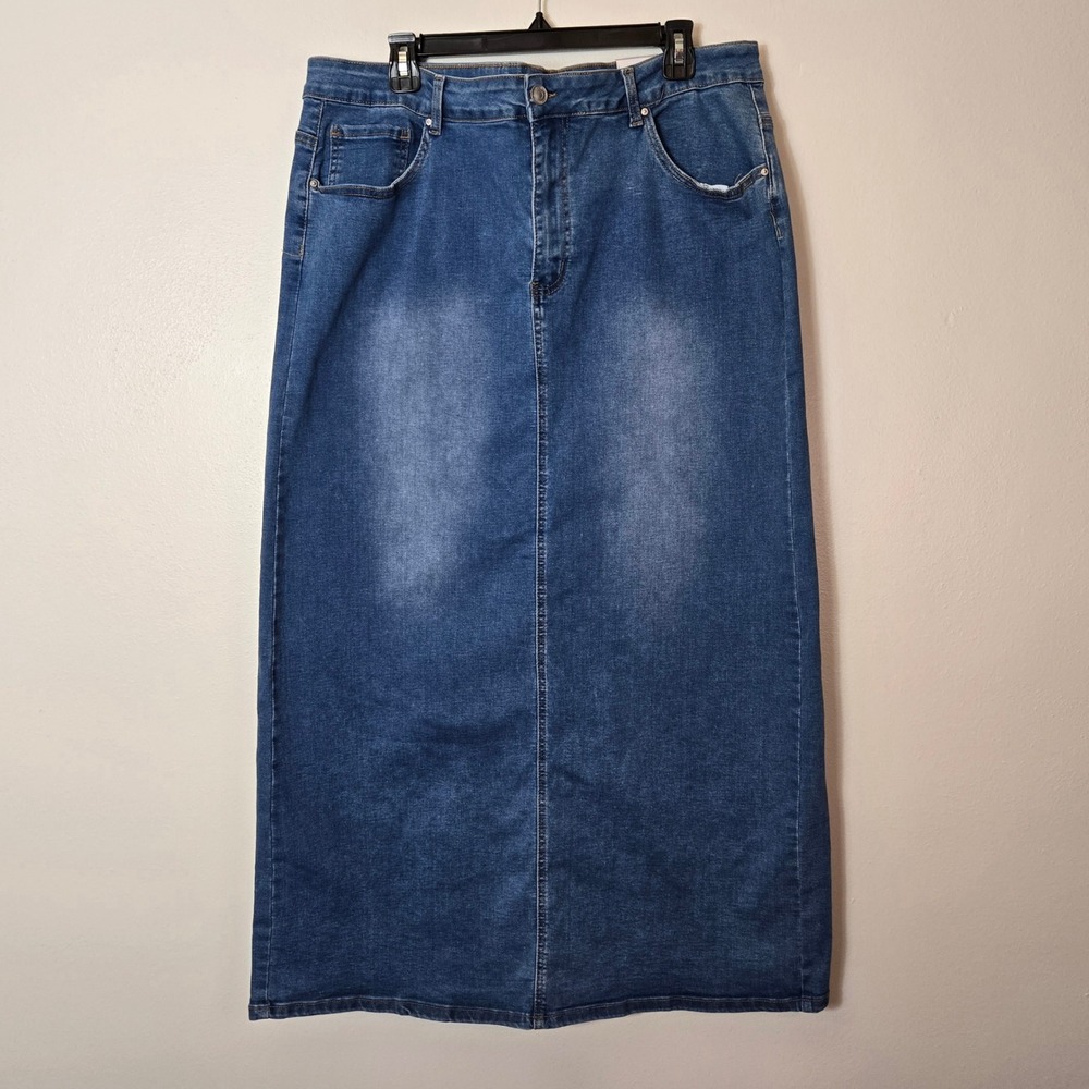Wax Jean Collection Modest Denim Midi Skirt Back Slit Med Wash SEE MEASUREMENTS